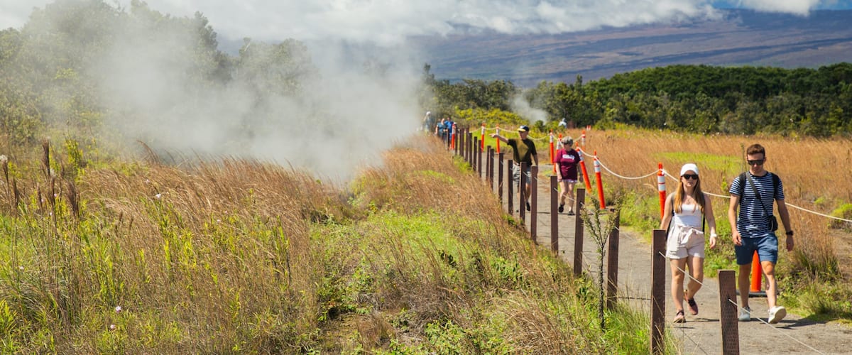 Hawaii Volcanoes National Park which includes tranquil scenes and mist or fog as well as a couple