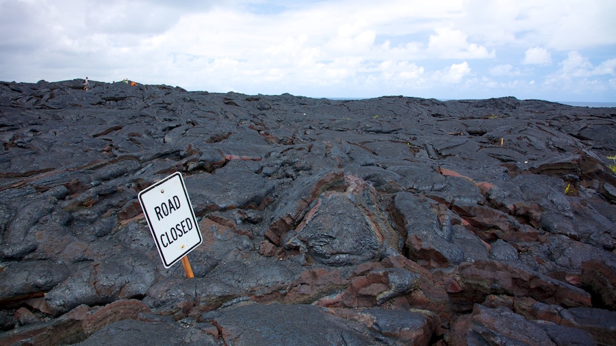 Hawaii Volcanoes National Park featuring landscape views and signage