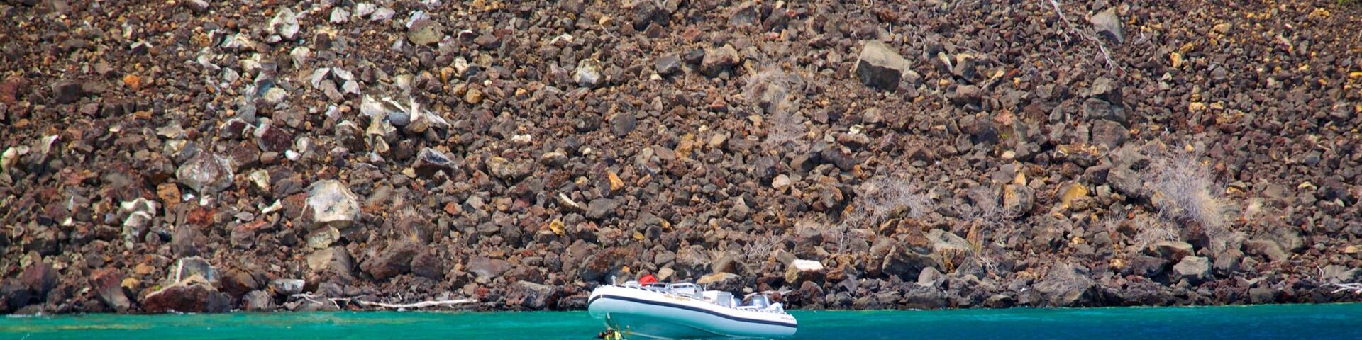 Captain Cook Monument showing rocky coastline and boating