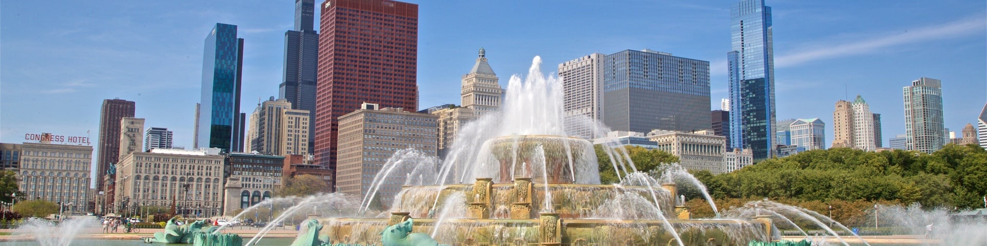 Buckingham Fountain mostrando um arranha-céu, paisagem e uma fonte