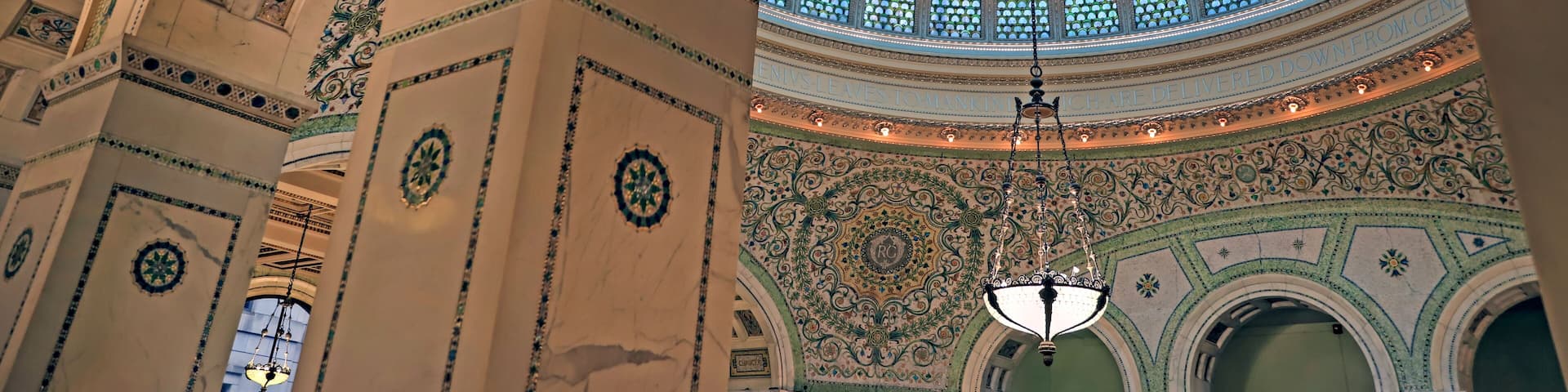 Chicago, Illinois, USA - June 22, 2018 - View of the interior and of the dome at the Chicago Cultural Center.