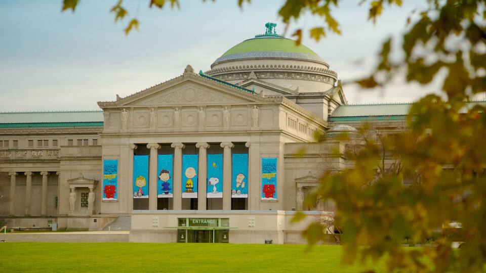 A classical building with a dome and columns, featuring Charlie Brown exhibit banners.