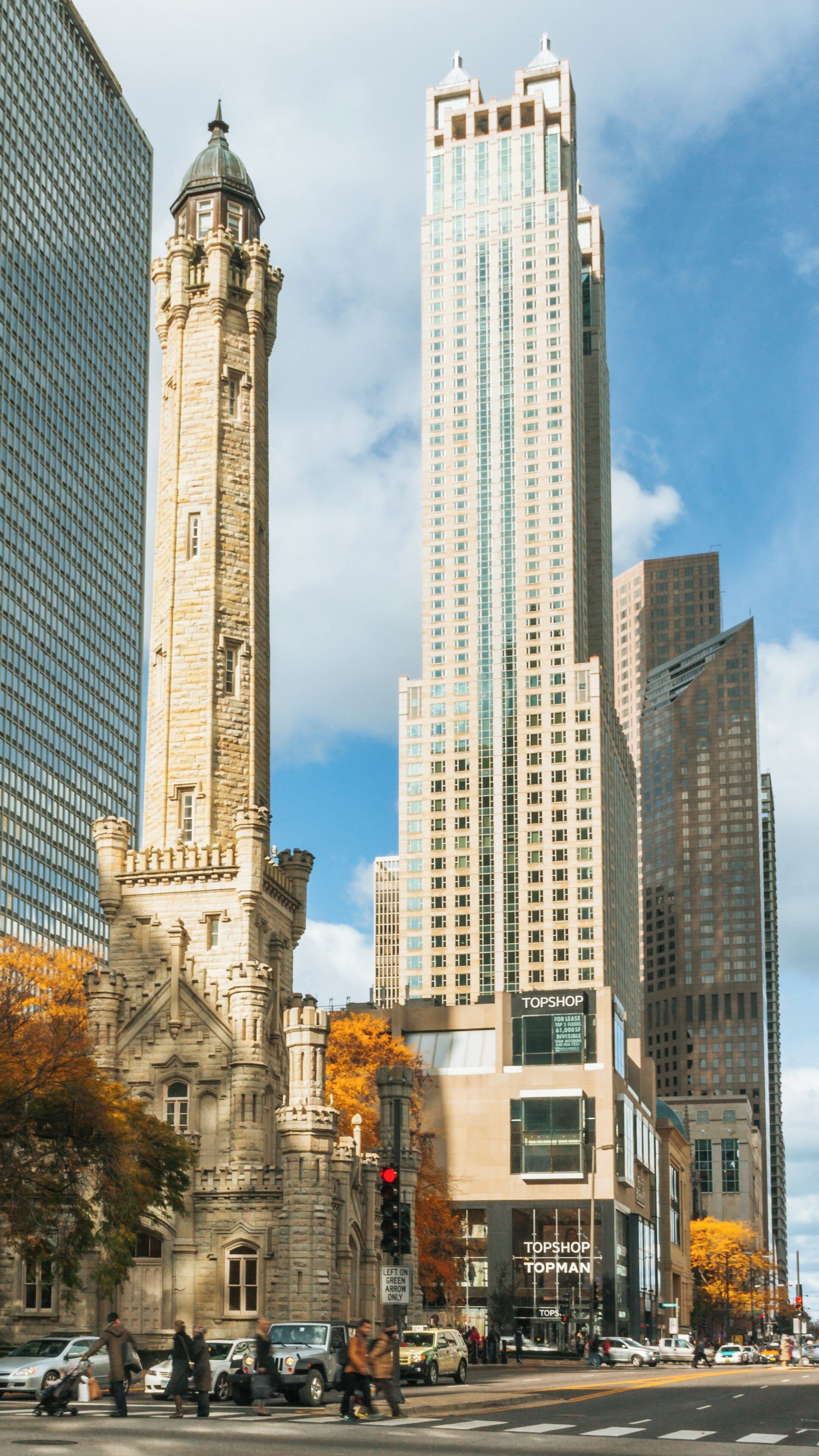 Historic Chicago Water Tower stands tall along the Magnificent Mile amidst modern skyscrapers in Illinois