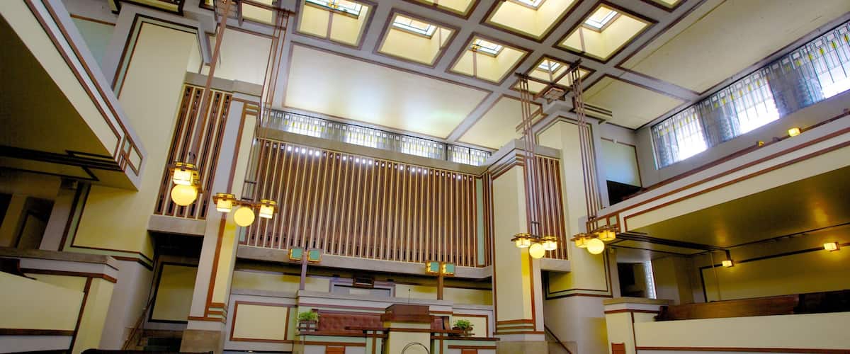 Unity Temple in Oak Park offers a striking glimpse of modernist architecture in the United States