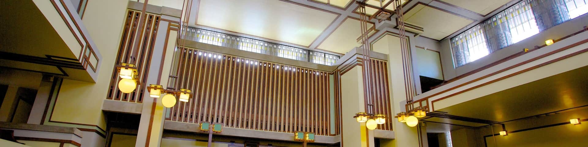 Unity Temple montrant aspects religieux, vues intérieures et ville