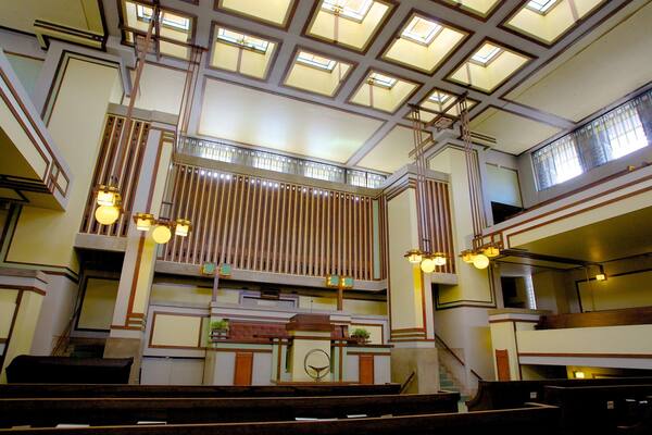 Unity Temple featuring interior views, religious aspects and a city