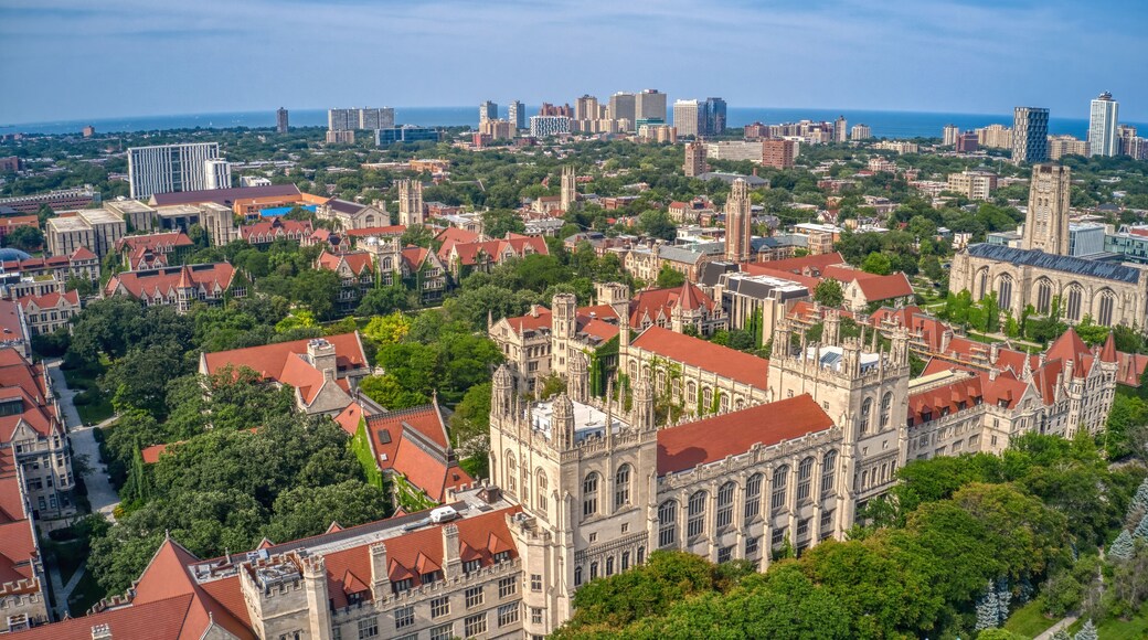 Aerial View of a large University in the Chicago Neighborhood of Hyde Park