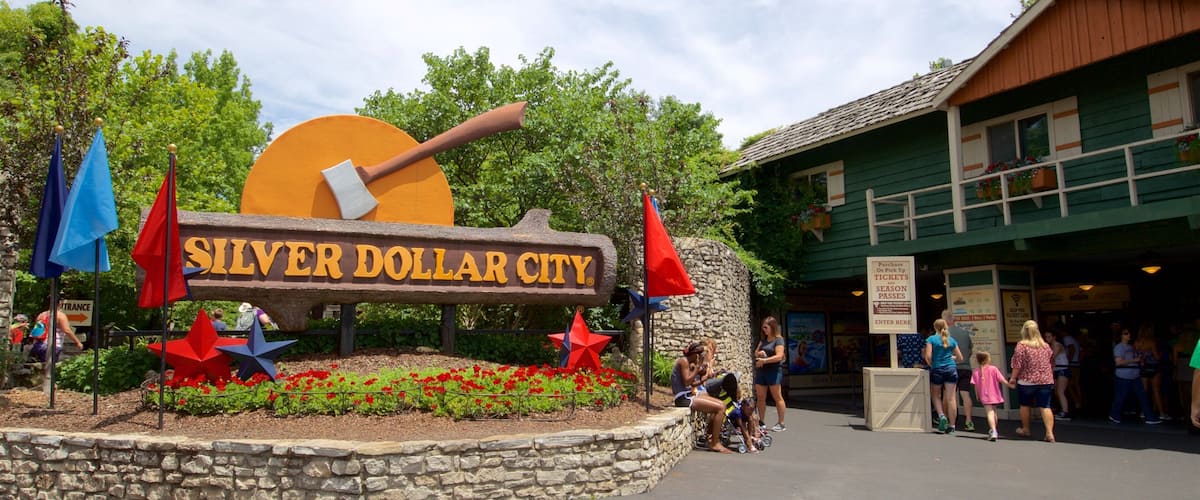 Silver Dollar City featuring flowers and signage as well as a small group of people