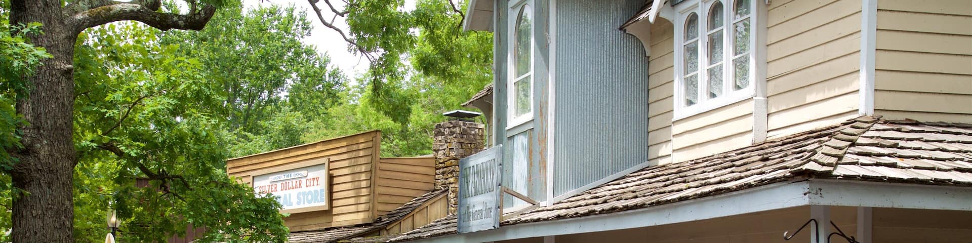 A rustic storefront with a sign for 'The Silver Dollar City General Store'.