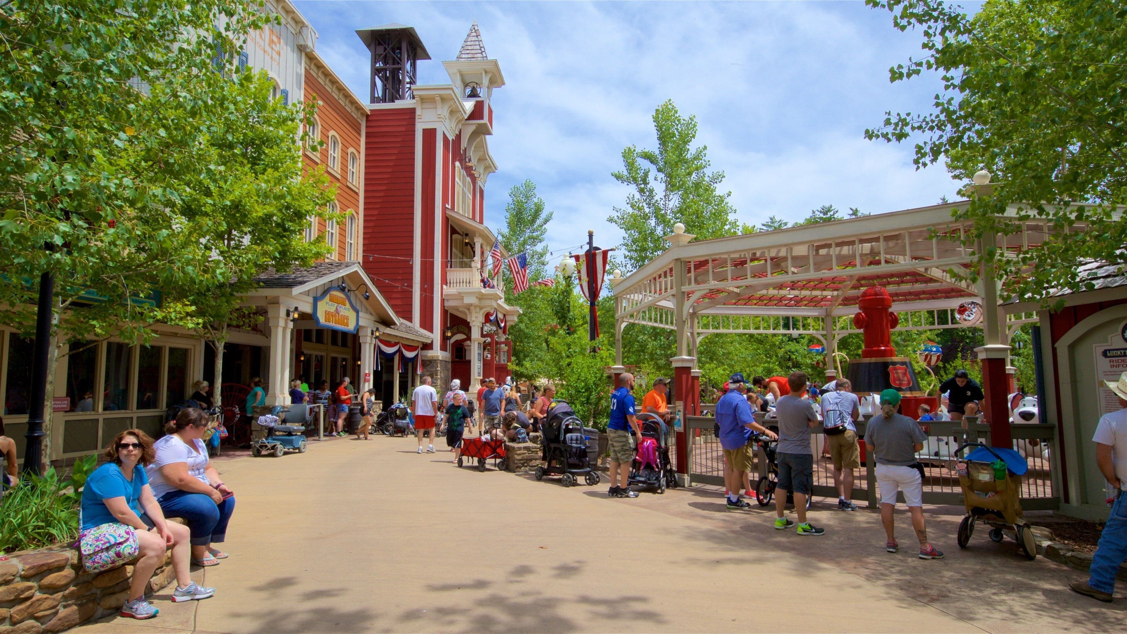 Silver Dollar City showing rides as well as a small group of people