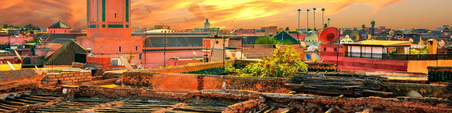 Panoramic sunset view of Marrakech and old medina, Morocco