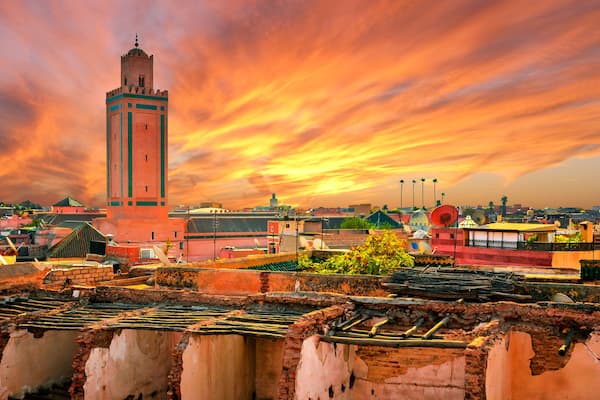 Panoramic sunset view of Marrakech and old medina, Morocco