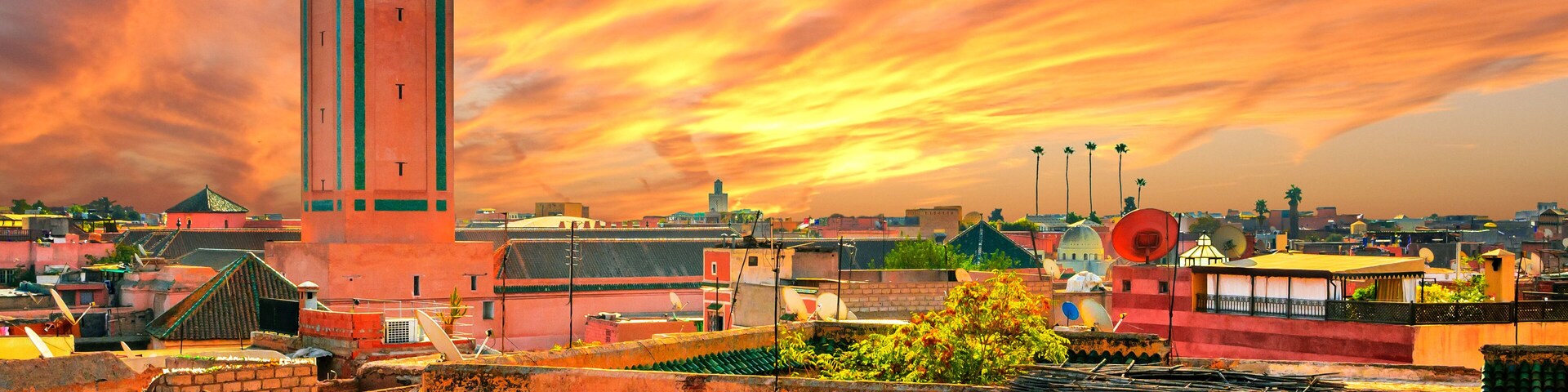 Panoramic sunset view of Marrakech and old medina, Morocco