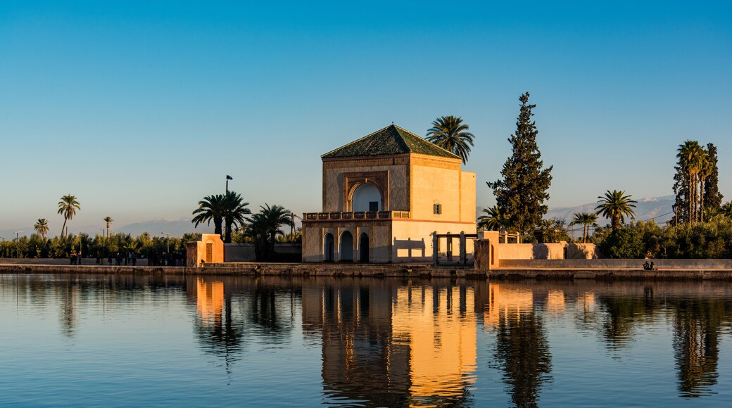 Menara gardens in Marrakech, Morocco, with Atlas mountains