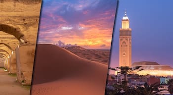 Morocco creative travel collage - Moroccan landmarks of Ouzoud Waterfalls