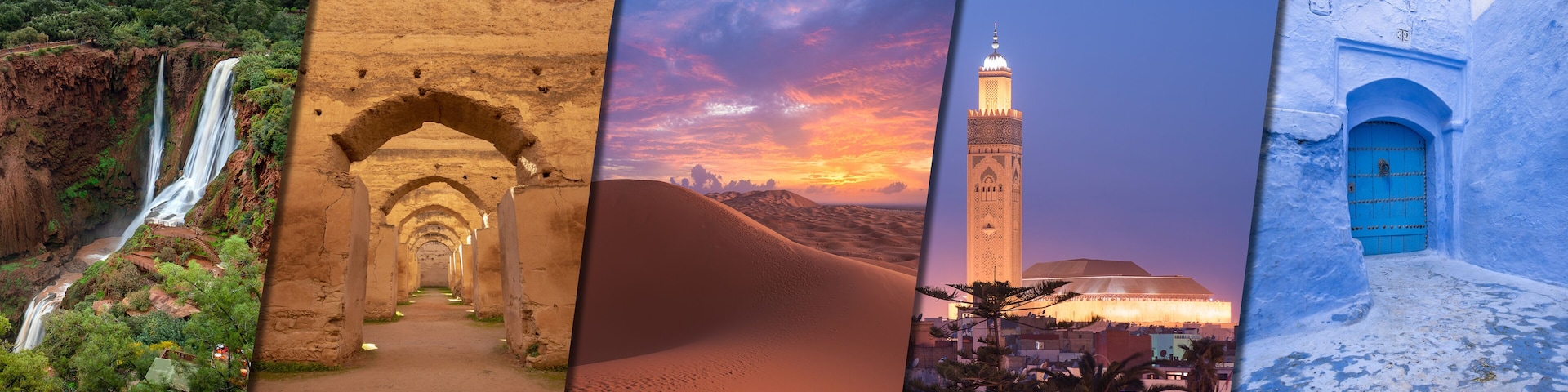 Morocco creative travel collage - Moroccan landmarks of Ouzoud Waterfalls (Cascades d'Ouzoud), Royal Stables in Meknes, desert Sahara, Hassan II Mosque in Casablanca and CHEFCHAOUEN blue city
