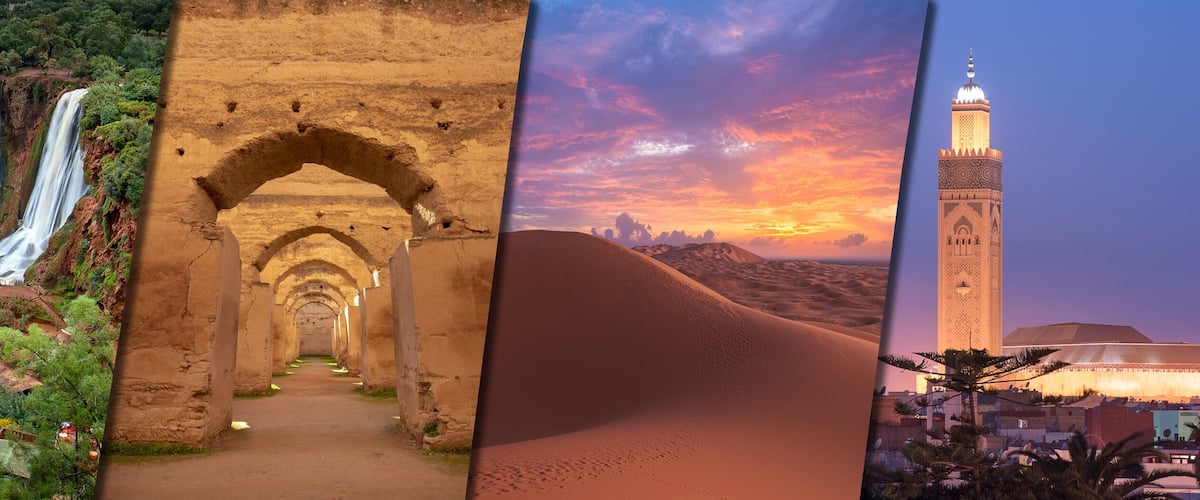 A waterfall, an ancient archway, a desert landscape, a mosque, and a blue-walled building.