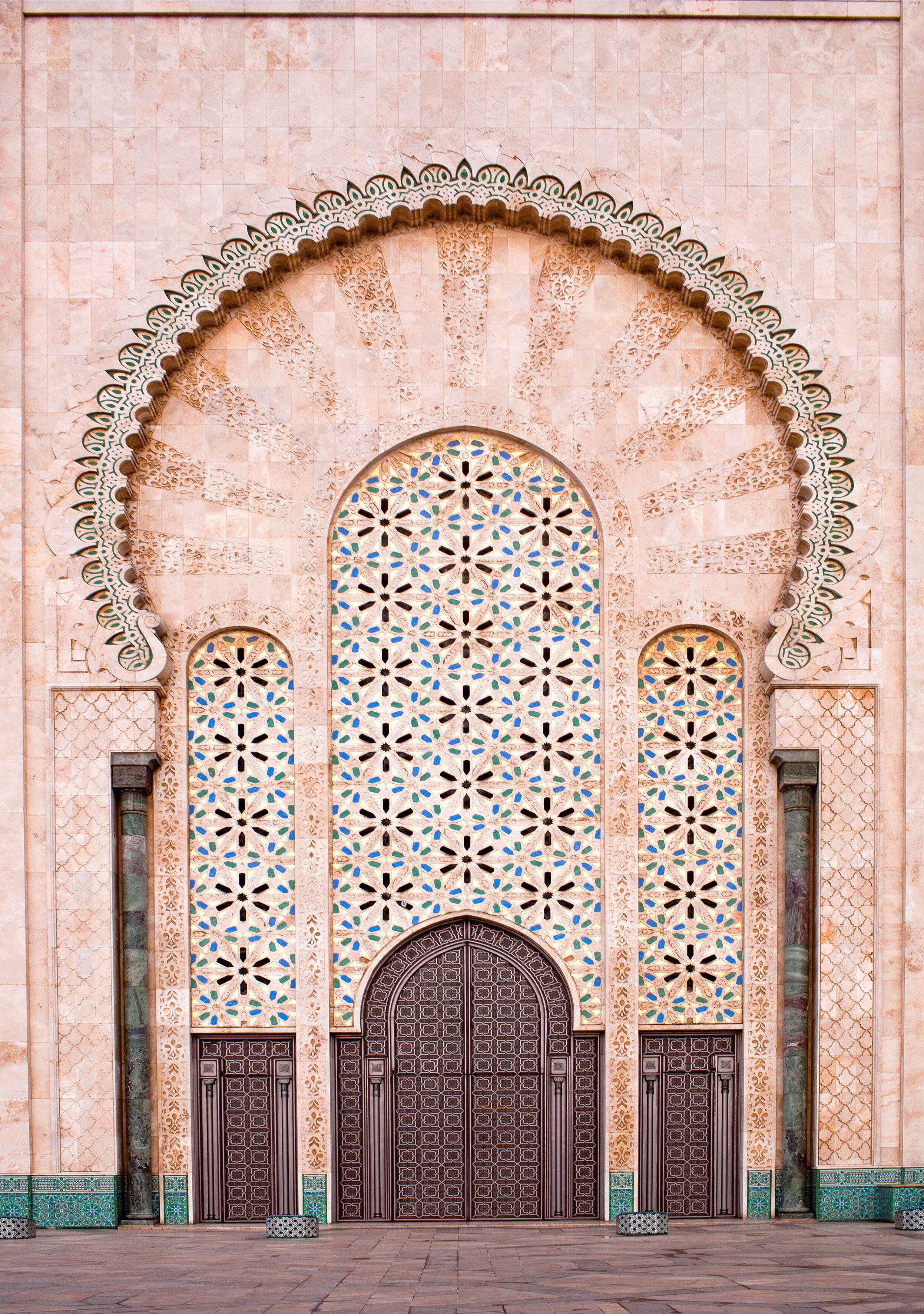 Exterior detail of famous Hassan II Mosque in Casablanca, Morocco, Africa. The Mosque is the largest mosque in Morocco and the third largest mosque in the world.