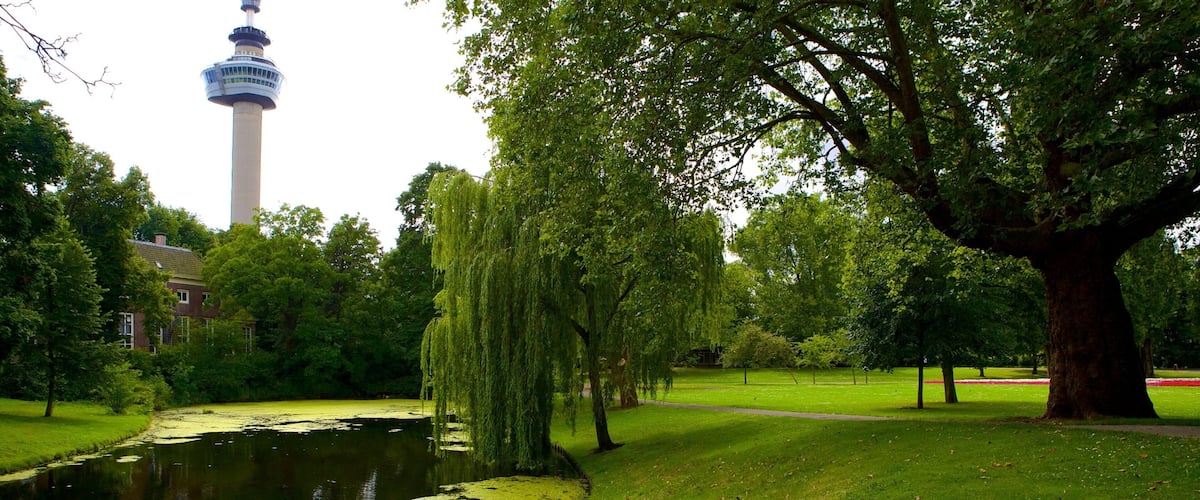 Euromast featuring landscape views, a lake or waterhole and a garden