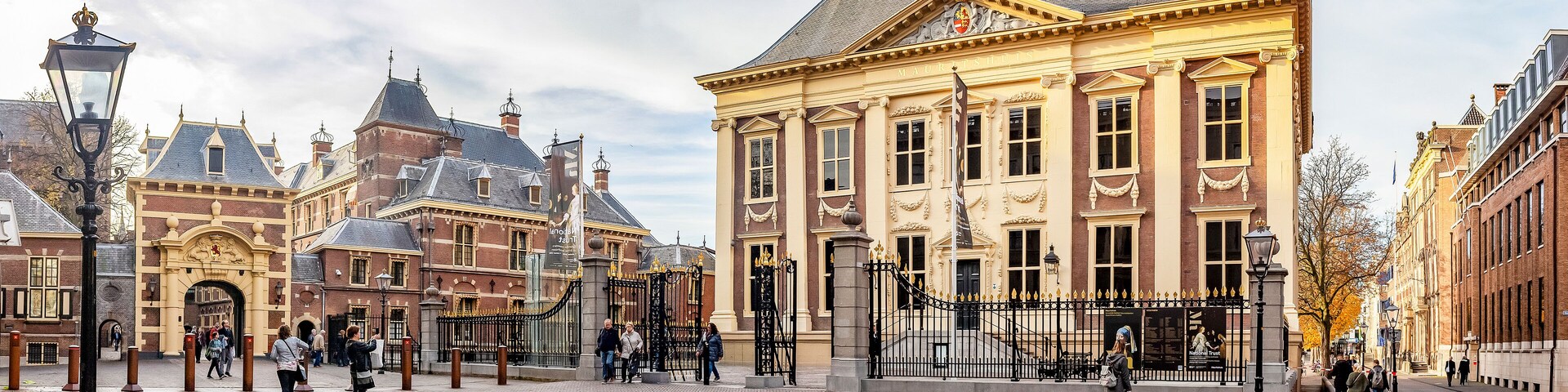 Panorama photo of the Mauritshuis with the Grenadierspoort to the Binnenhof in the Hague
