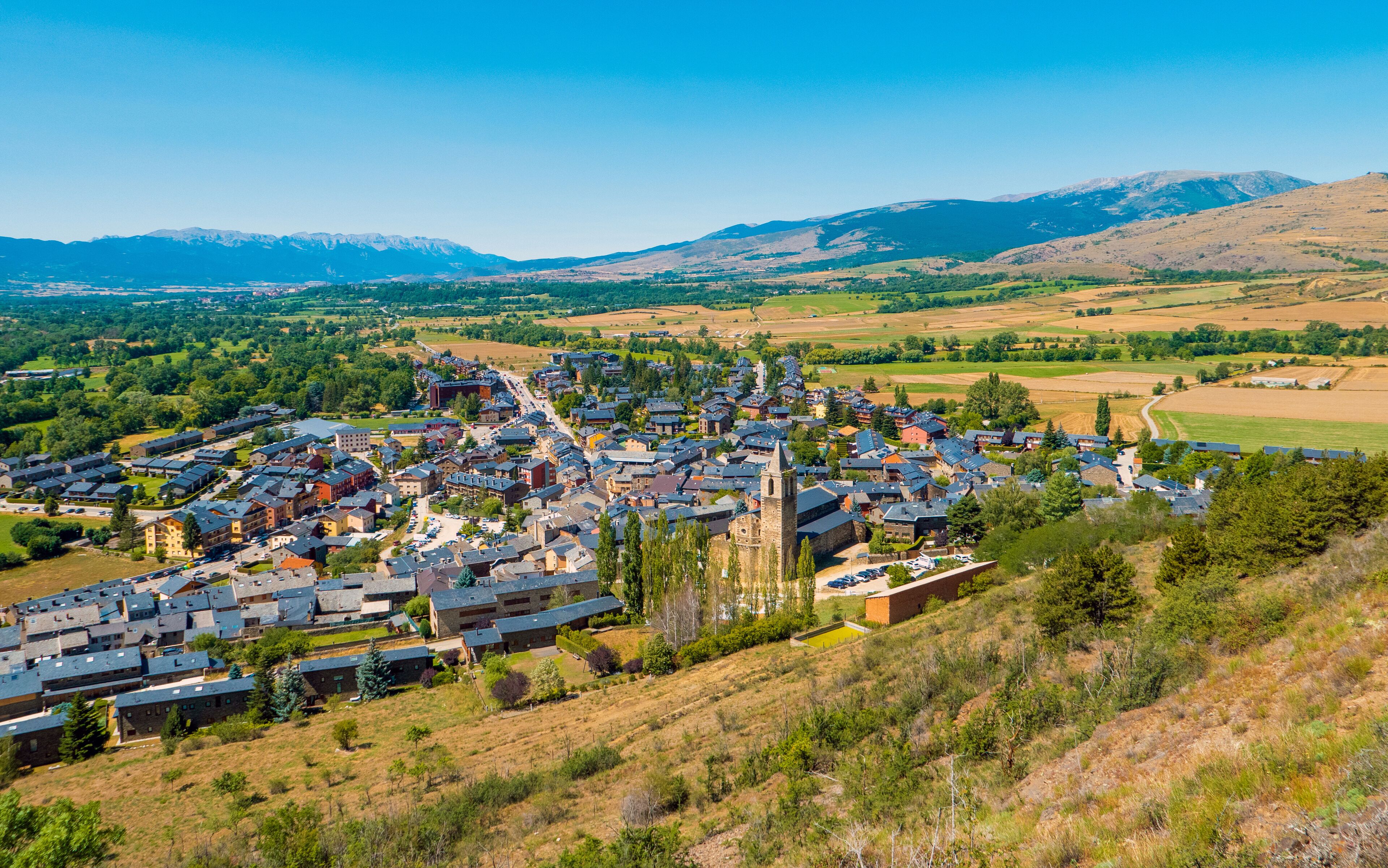 Llívia, Catalonia, Spain. General view of the village as seen from the top of the Castle of Llivia.