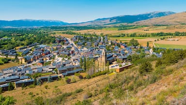 A town with a prominent church tower, surrounded by residential buildings and fields.