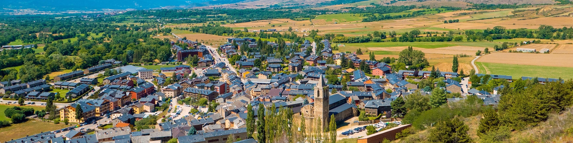 Llívia, Catalonia, Spain. General view of the village as seen from the top of the Castle of Llivia.