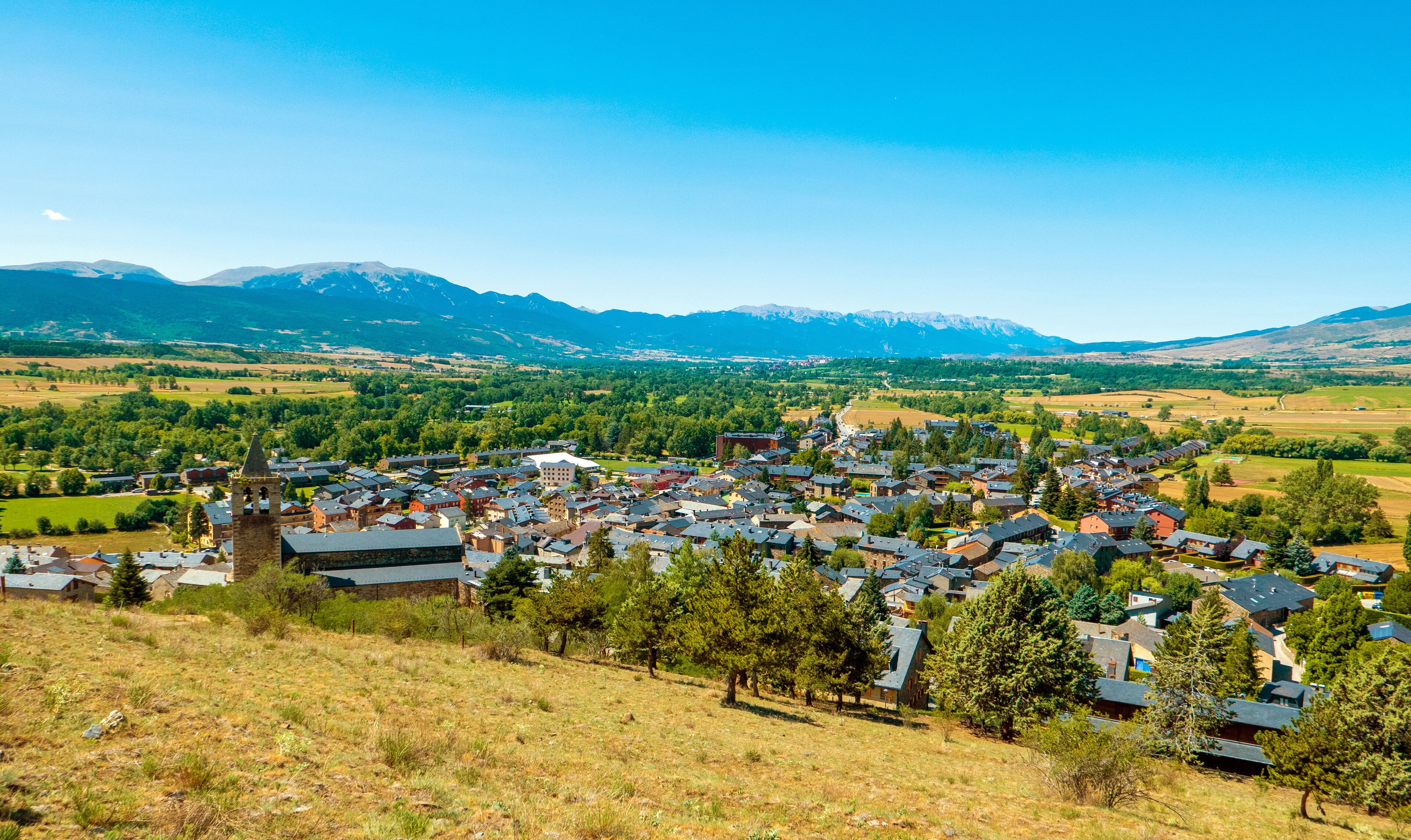 Llívia, Catalonia, Spain. General view of the village as seen from the top of the Castle of Llivia.