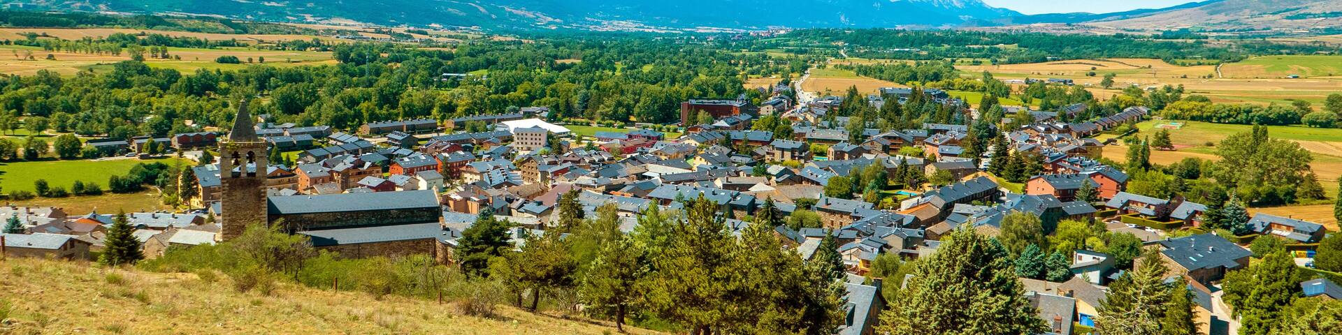 Llívia, Catalonia, Spain. General view of the village as seen from the top of the Castle of Llivia.