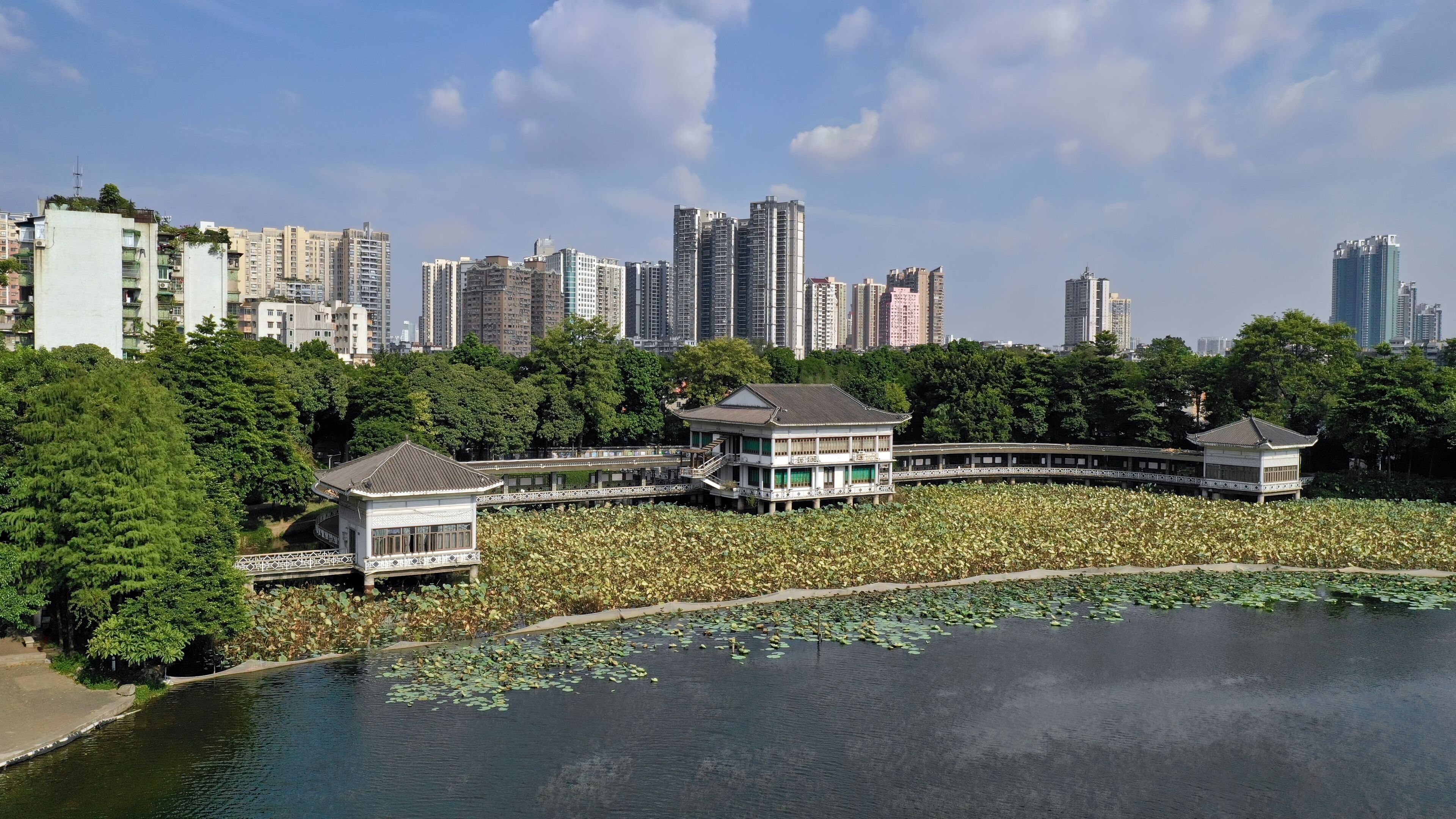 pavilion in the Park for walking with a lake of dried lotuses, Liwan Lake park, Guangzhou, China