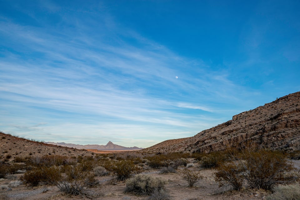 A desert landscape with sparse vegetation, rocky hills, and a clear blue sky.