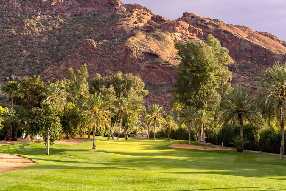 A golf course with palm trees and a mountainous backdrop.