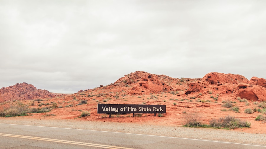 Along the breathtaking panoramic road through the Valley of Fire State Park near Las Vegas in Nevada, USA. Surrounded by rocks and beautiful scenery.