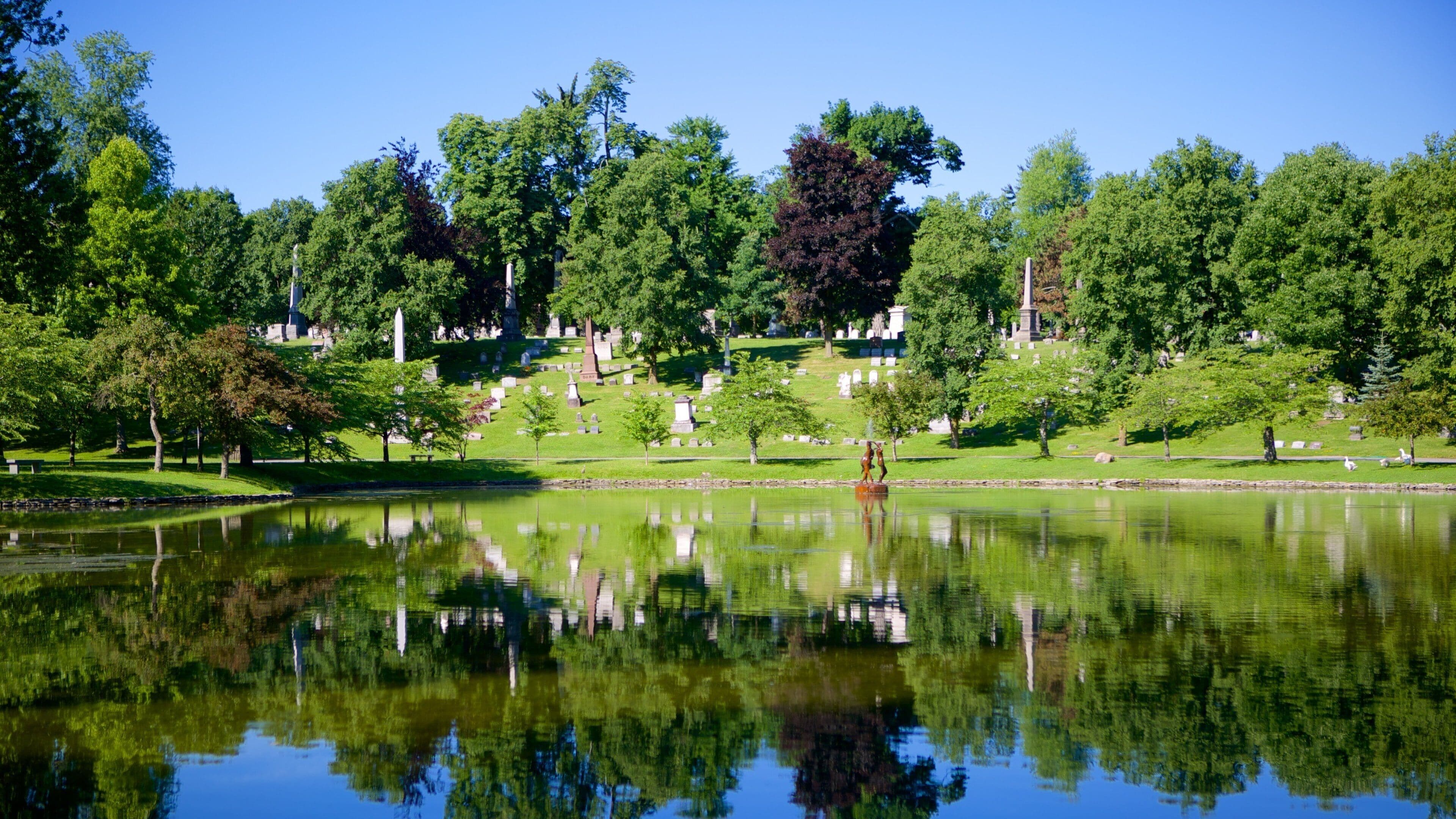 Forest Lawn Cemetery featuring a cemetery and a pond