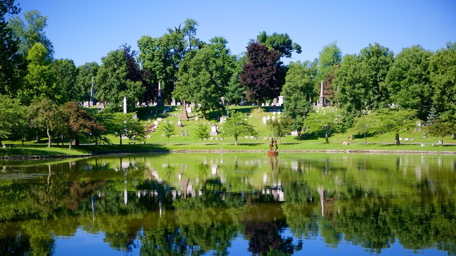 Forest Lawn Cemetery featuring a cemetery and a pond