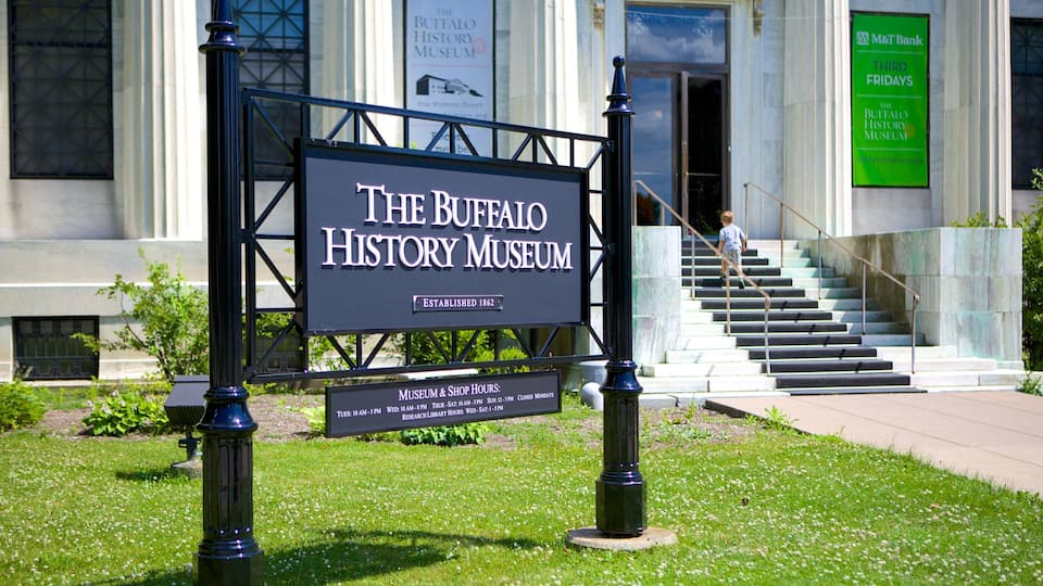 A sign for The Buffalo History Museum with a staircase leading up to the entrance.