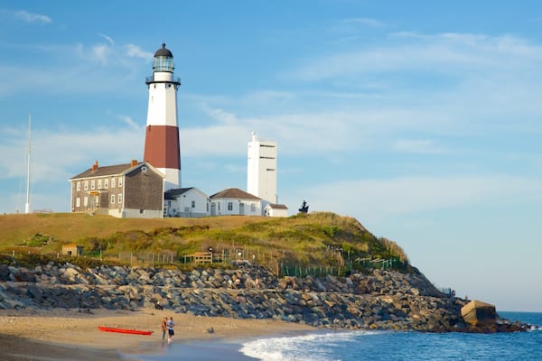 モントーク ポイント灯台 表示 砂浜, 荒々しい海岸線 と 灯台