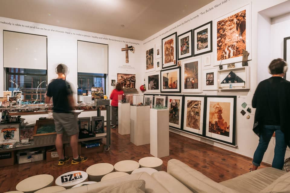 An art gallery with various artworks on display.
