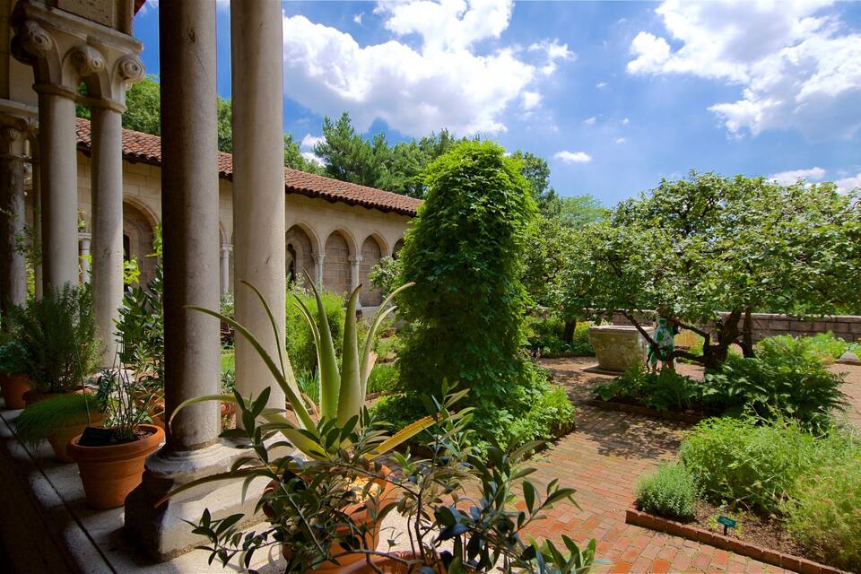 A courtyard with columns, potted plants, and a brick pathway.