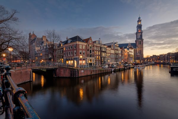 Westerkerk and Anne Frank house at sunset