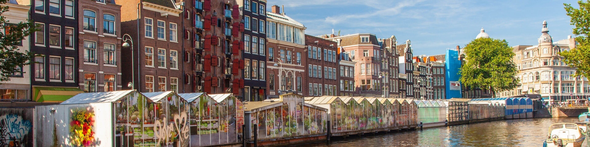 Flower Market showing a city, a river or creek and markets