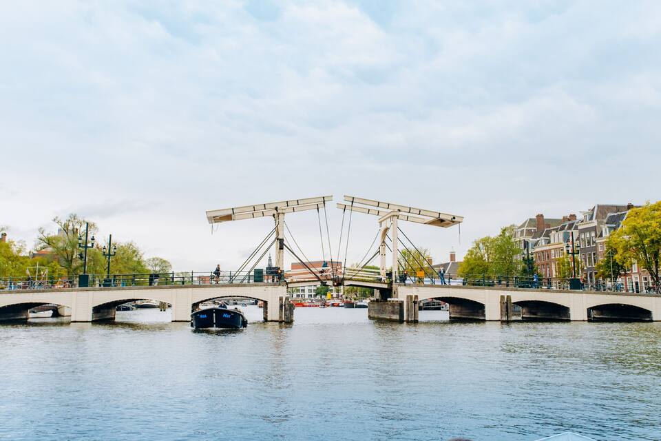 A bridge over a river with boats, surrounded by buildings and trees.
