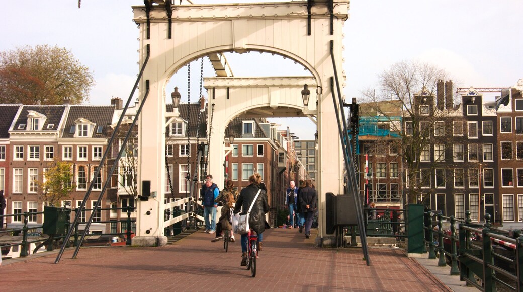 Magere Brug which includes a bridge, a small town or village and cycling