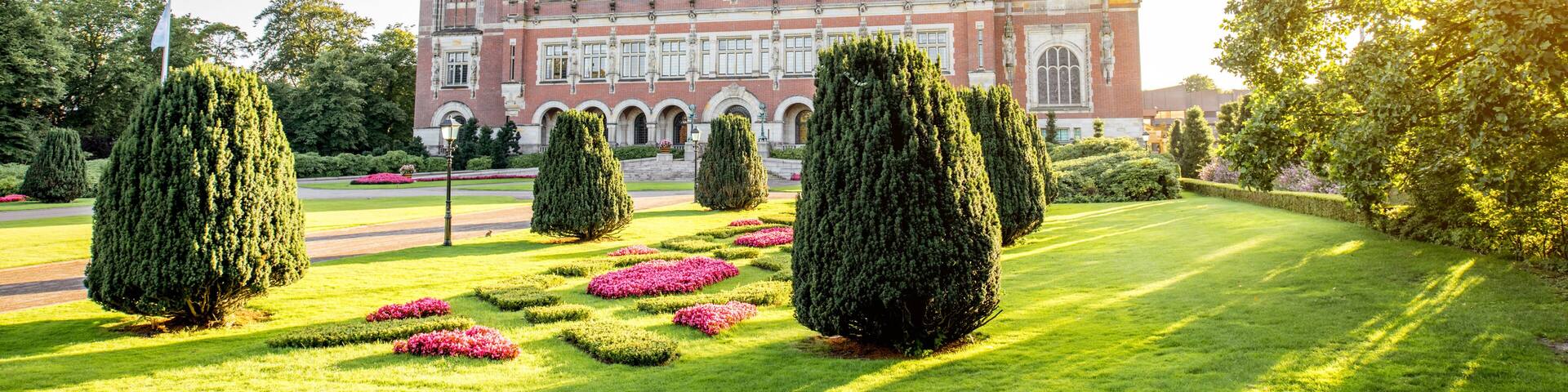 Sunset view on the Peace palace the seat of international law in Haag city, Netherlands