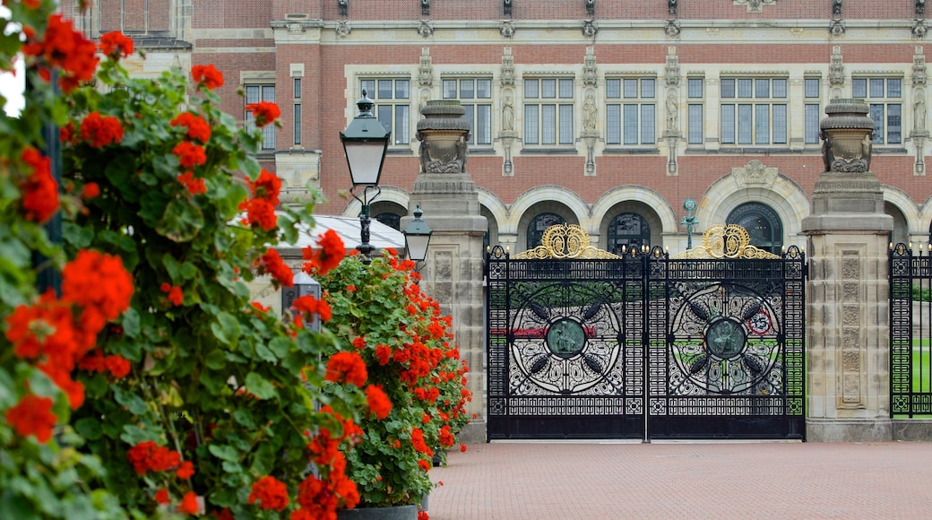 Palacio de la Paz mostrando arquitectura patrimonial, flores y un castillo