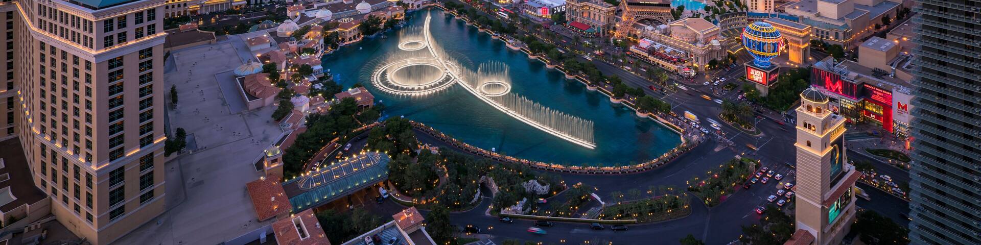 Las Vegas, USA - 22 June 2014: Aerial view of Las Vegas skyline at dusk, Las Vegas, Nevada, United States.