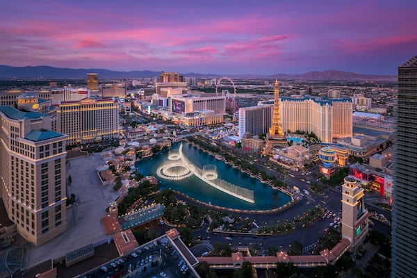 Las Vegas, USA - 22 June 2014: Aerial view of Las Vegas skyline at dusk, Las Vegas, Nevada, United States.