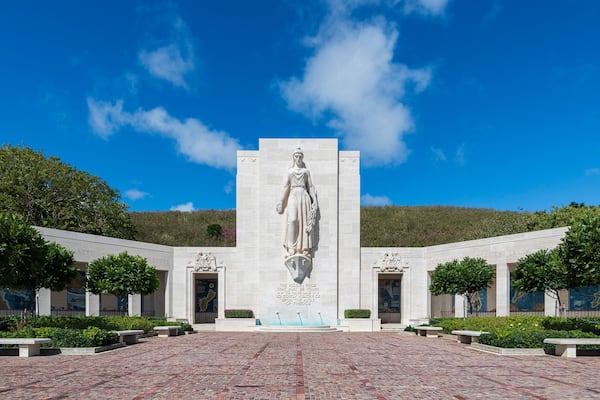 Statue of Lady Columbia on the Honolulu Memorial at the National Memorial Cemetery of the Pacific (Punchbowl Cemetery) in Honolulu, Hawaii