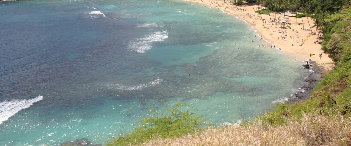Hanauma Bay Nature Preserve som visar en strand och landskap