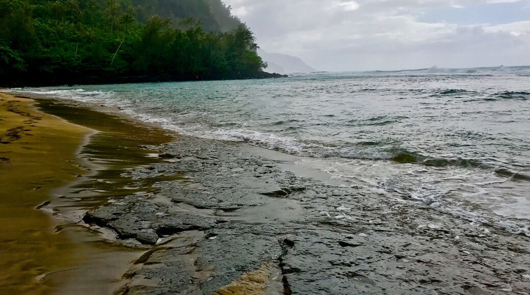 The northern most point of Kauai that is accessible by car. In the distance is the beginning of the Napoli Coast. This beach is well known for its surfing and the beginning to Kalalau Trail.